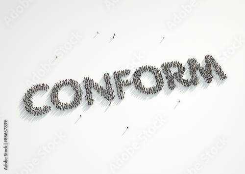 Crowd of people gather to form the word 'Conform'