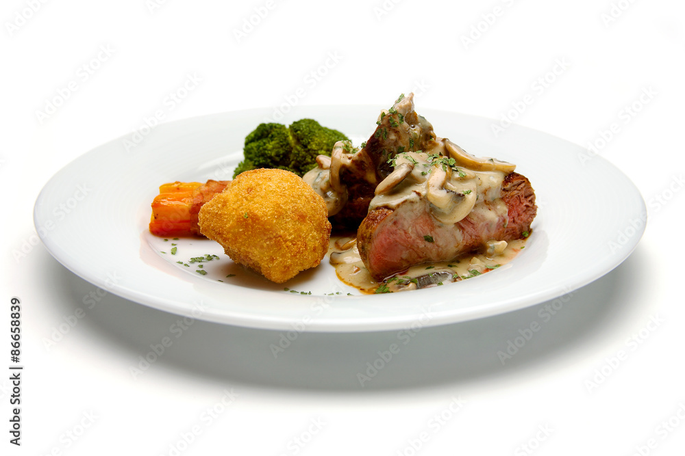 Food, steak on white plate nicely served Food, steak on white plate nicely served