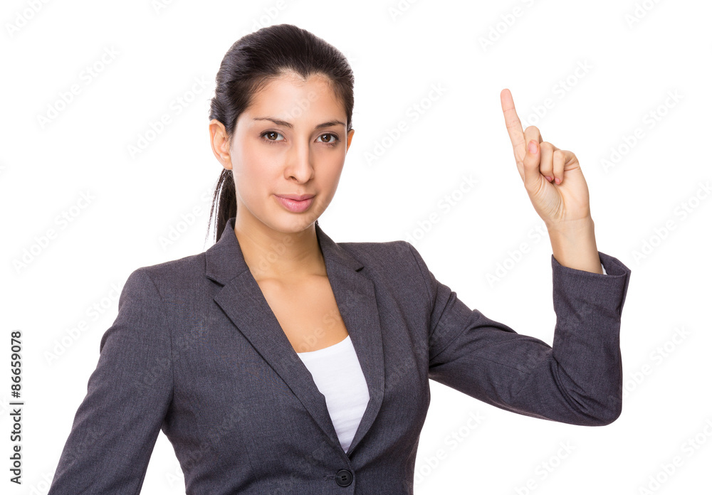 Businesswoman finger point upwards Businesswoman finger point upwards