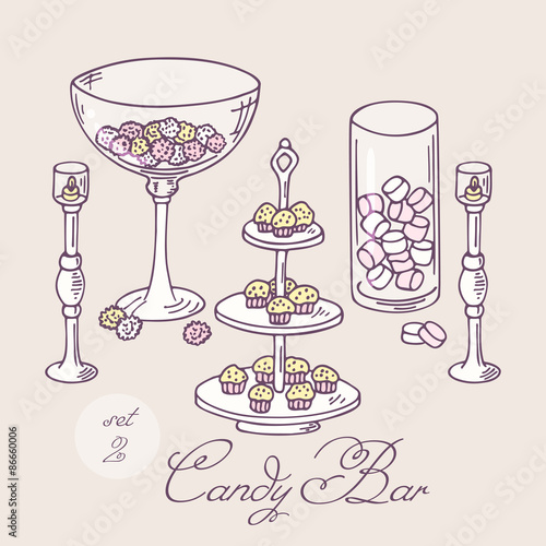 Collection of hand drawn candy bar objects. Bakery goods clip art