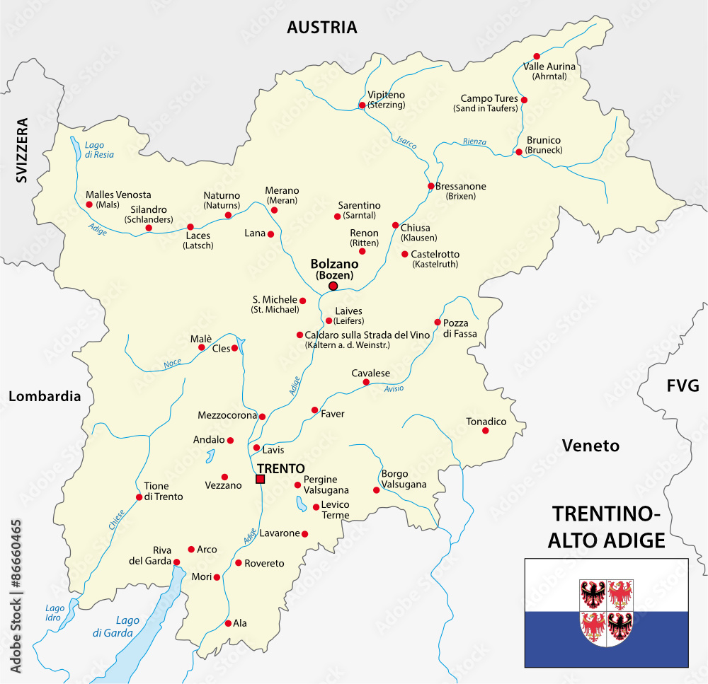 trentino alto adige map with flag