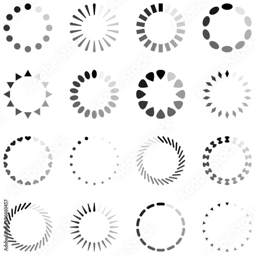 Loading, progress or buffering spinning icons, black and white