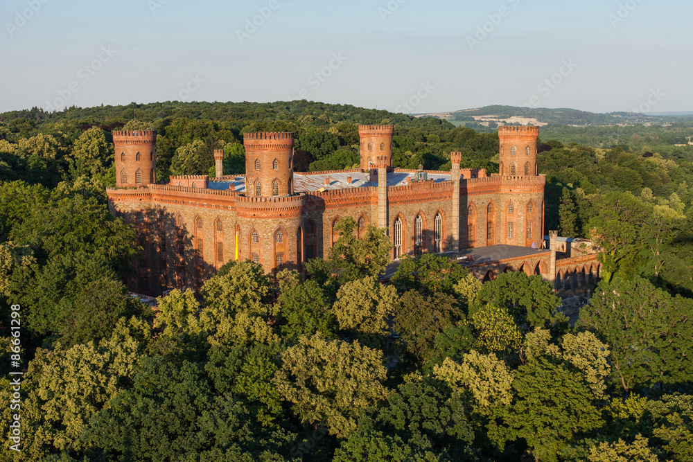 aerial view of palace in Kamieniec Zabkowicki town