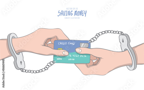 Hands handcuffed tethered to a credit card shaped like infinity