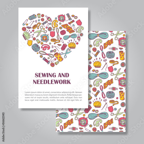 Two sides invitation card design with sewing and needlework illu