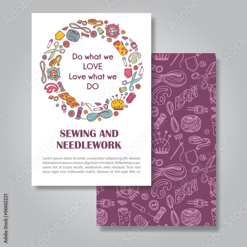 Two sides invitation card design with sewing and needlework illu
