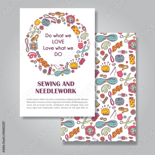Two sides invitation card design with sewing and needlework illu