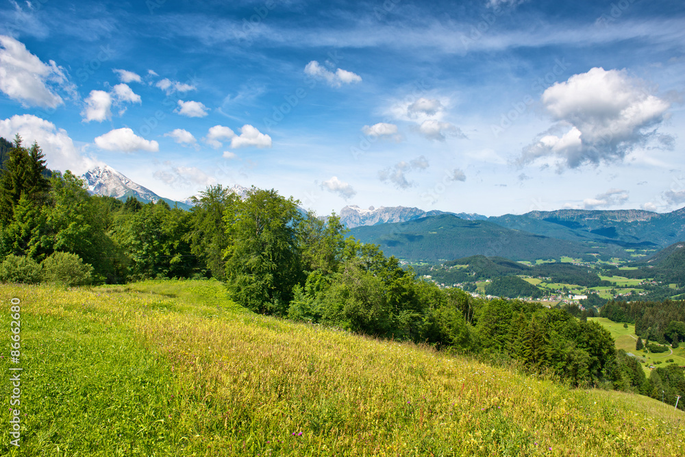 Green grassy field with scenic backdrop Green grassy field with scenic backdrop