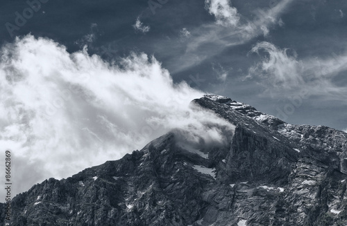 Black and white of rocky mountain peak