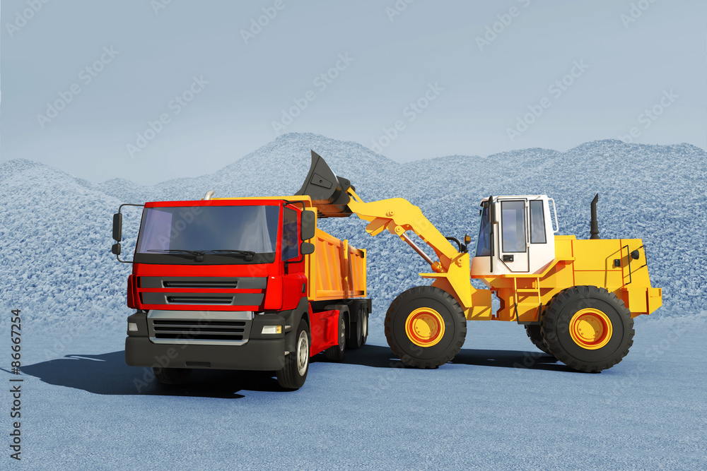 Fototapeta premium 3d illustration of excavator loading gravel on truck