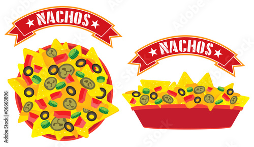 Supreme cheese mexican nachos plate with banner high angle view and side view illustration vector

