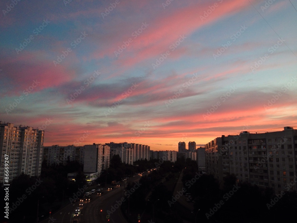 Beautiful Sunset with Blue and Pink in the City