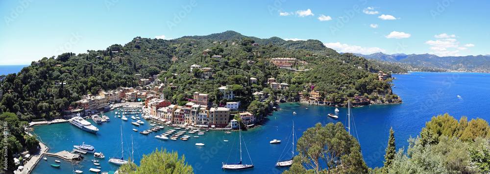 Fototapeta premium Aerial panorama of beautiful Portofino, Italy