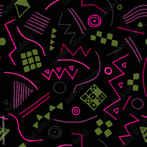 Vector seamless texture with geometrical shapes. Endless black background.