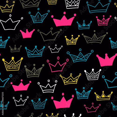 Crown vector seamless pattern on black background. Bright crowns. Vector illustration. Endless pattern.