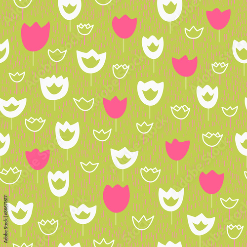 Vector seamless pattern with tulips and grass. Floral pattern.