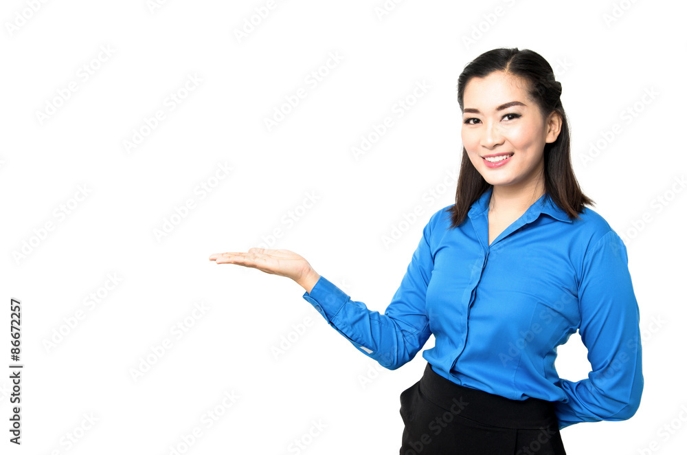 young asia business woman smile and present hand isolated young asia business woman smile and present hand isolated