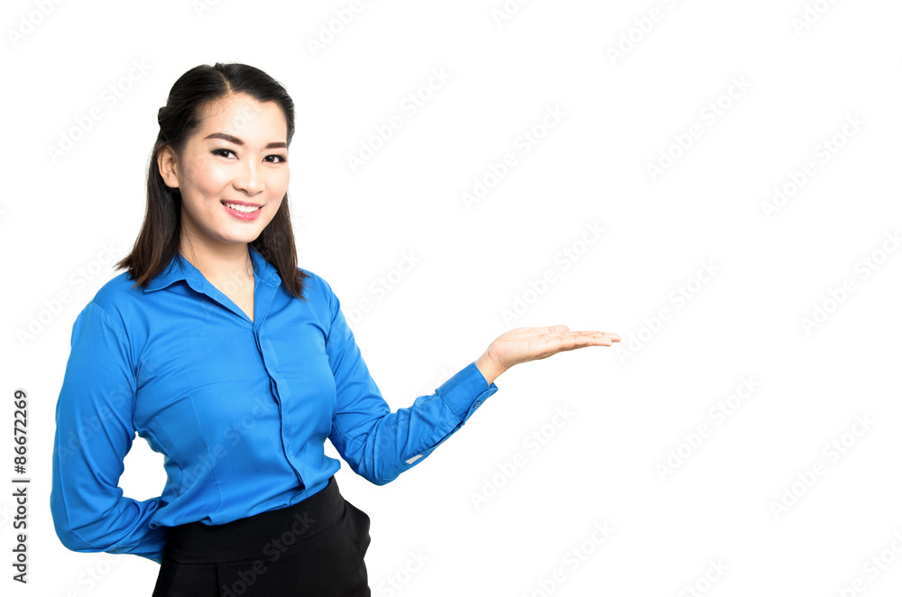 young asia business woman smile and present hand isolated young asia business woman smile and present hand isolated