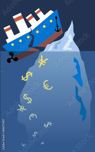 Financial Titanic. A steam boat hit an iceberg and broke onto halves, currency symbols sinking under it, vector illustration, no transparencies, EPS 8 