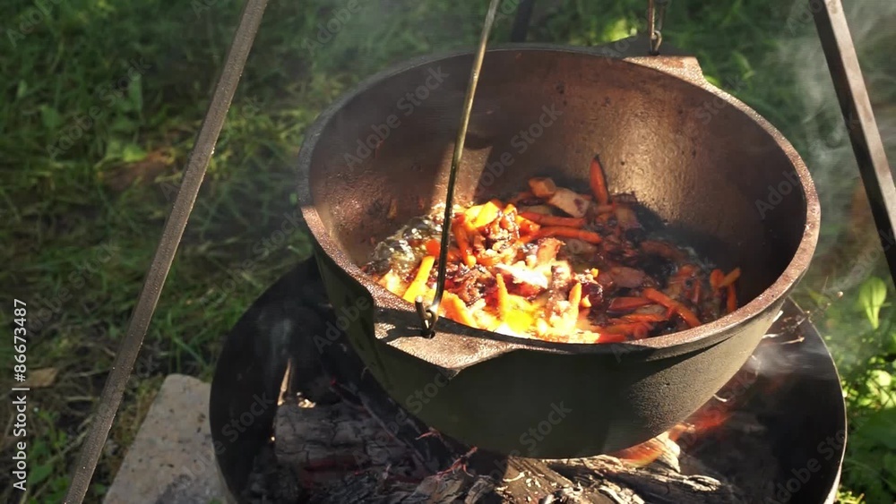 close up view of cooking meat, onion and carrot in a metal pan in a campfire close up view of cooking meat, onion and carrot in a metal pan in a campfire
