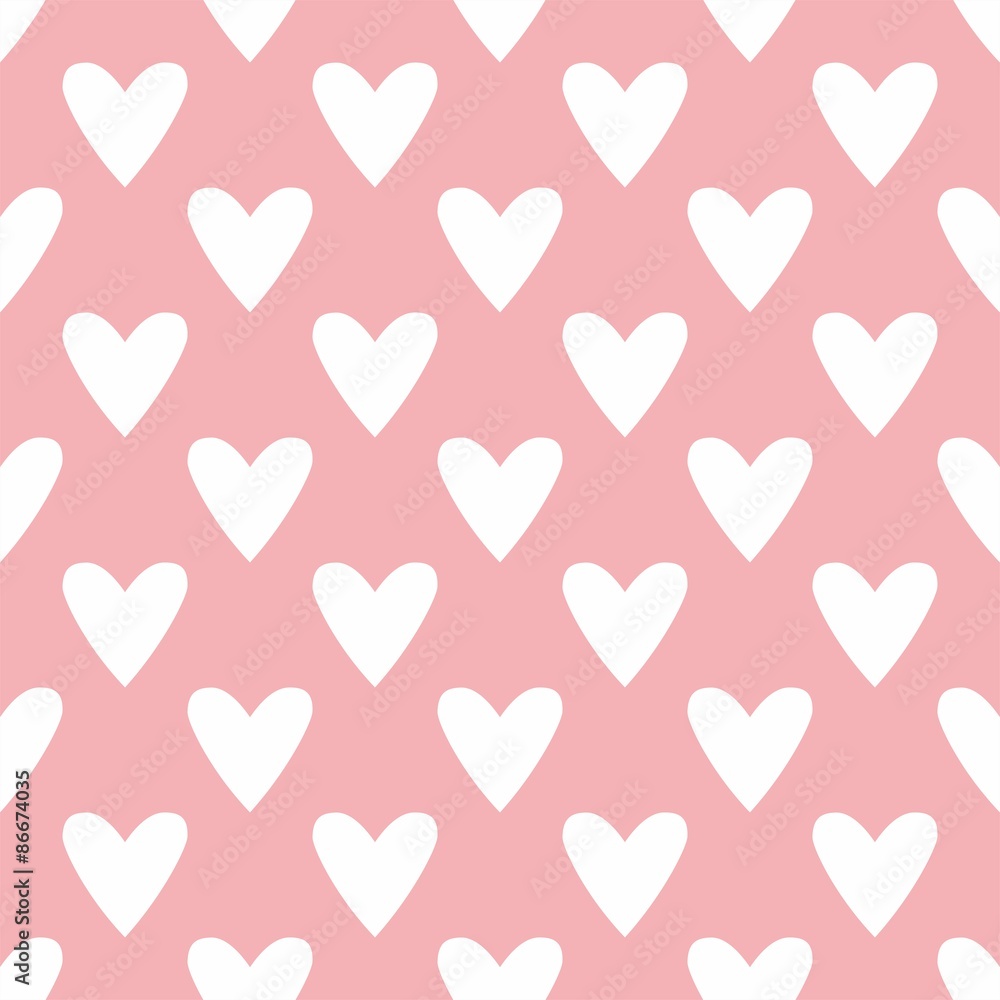 Tile cute vector pattern with white hearts on pastel pink background