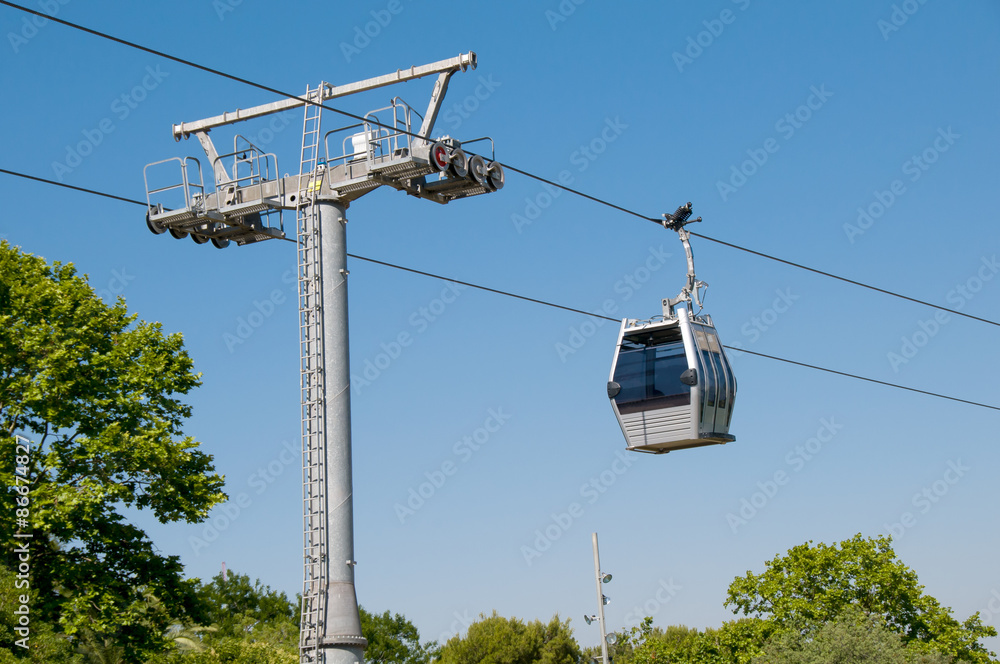 a beautiful modern funicular against Barcelona