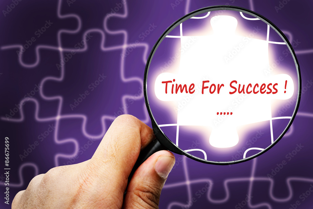 Fototapeta premium Time For Success word. Magnifier and puzzles.