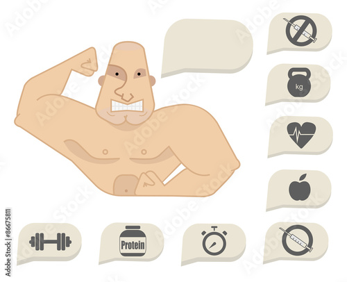Bodybuilder torso with speech bubbles. Tense face