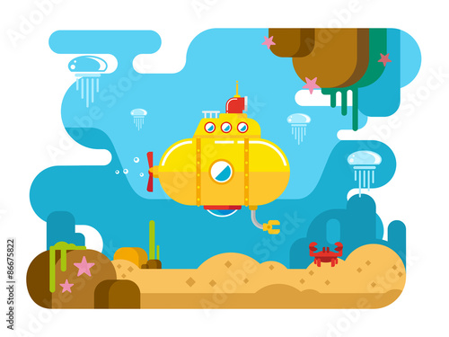 Submarine Under Water Flat Illustration
