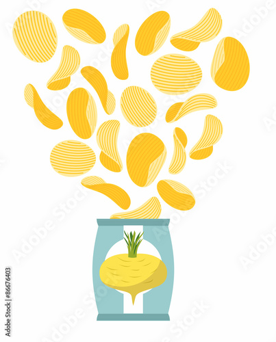 Potato chips taste of turnips. Packaging, bag of chips on a whit