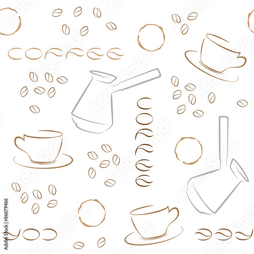 Coffee seamless pattern with coffee beans, turk and cups.