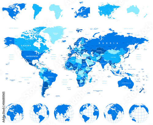 World Map, Globes, Continents - illustration.Highly detailed vector illustration of world map, globes and continents.
