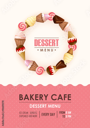 Poster vector template with sweets. Advertising for bakery shop or cafe.