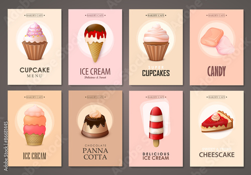 Set of brochures with sweets. Vector templates. Backgrounds with ice cream, cakes, cupcakes and candies.