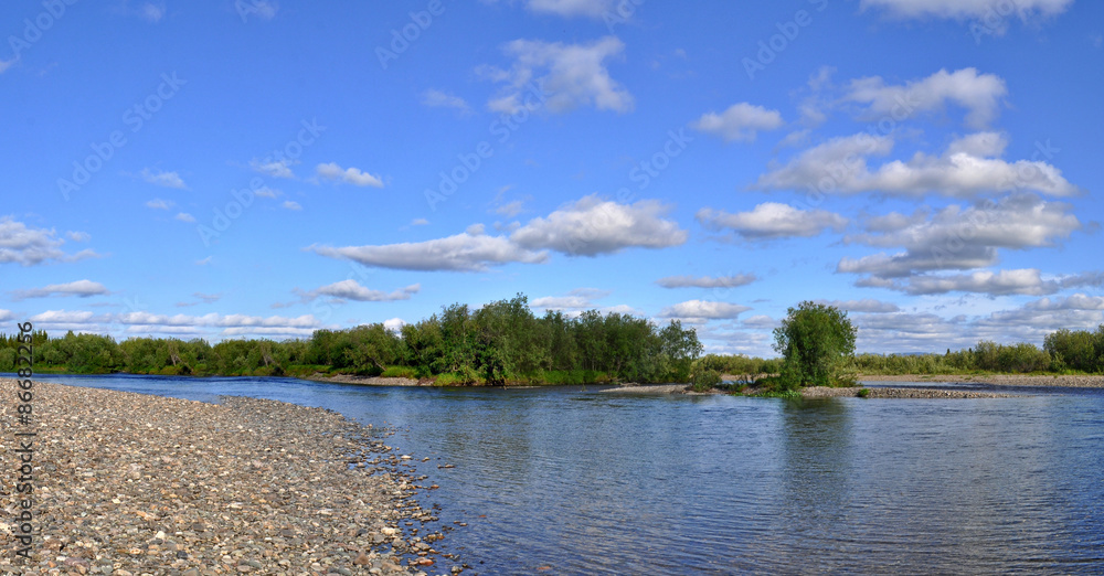 Panoramic river landscape in the polar Urals.