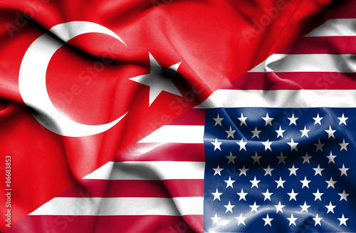 Fototapeta Naklejka Na Ścianę i Meble -  Waving flag of United States of America and Turkey