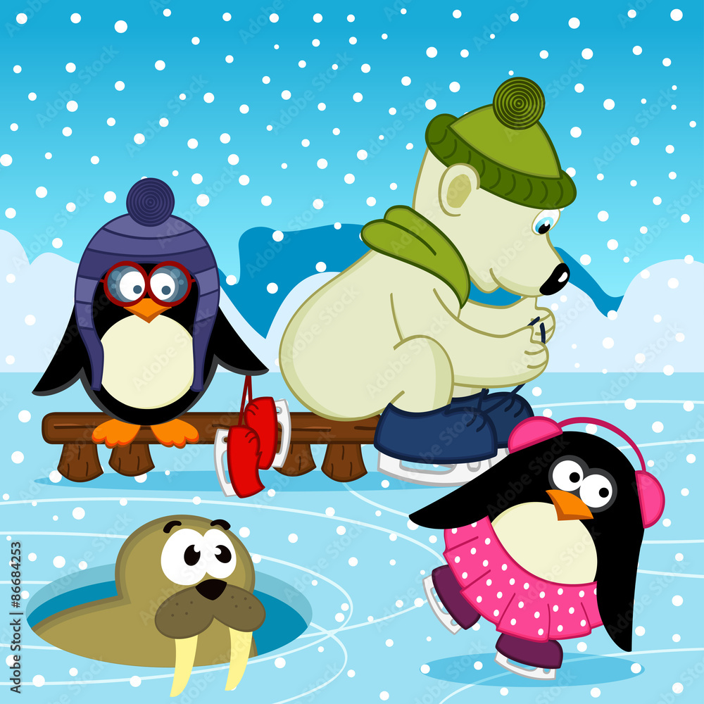 Fototapeta premium polar bear walrus penguin on rink - vector illustration, eps