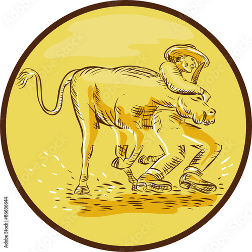 Rodeo Cowboy Steer Wrestling Circle Etching