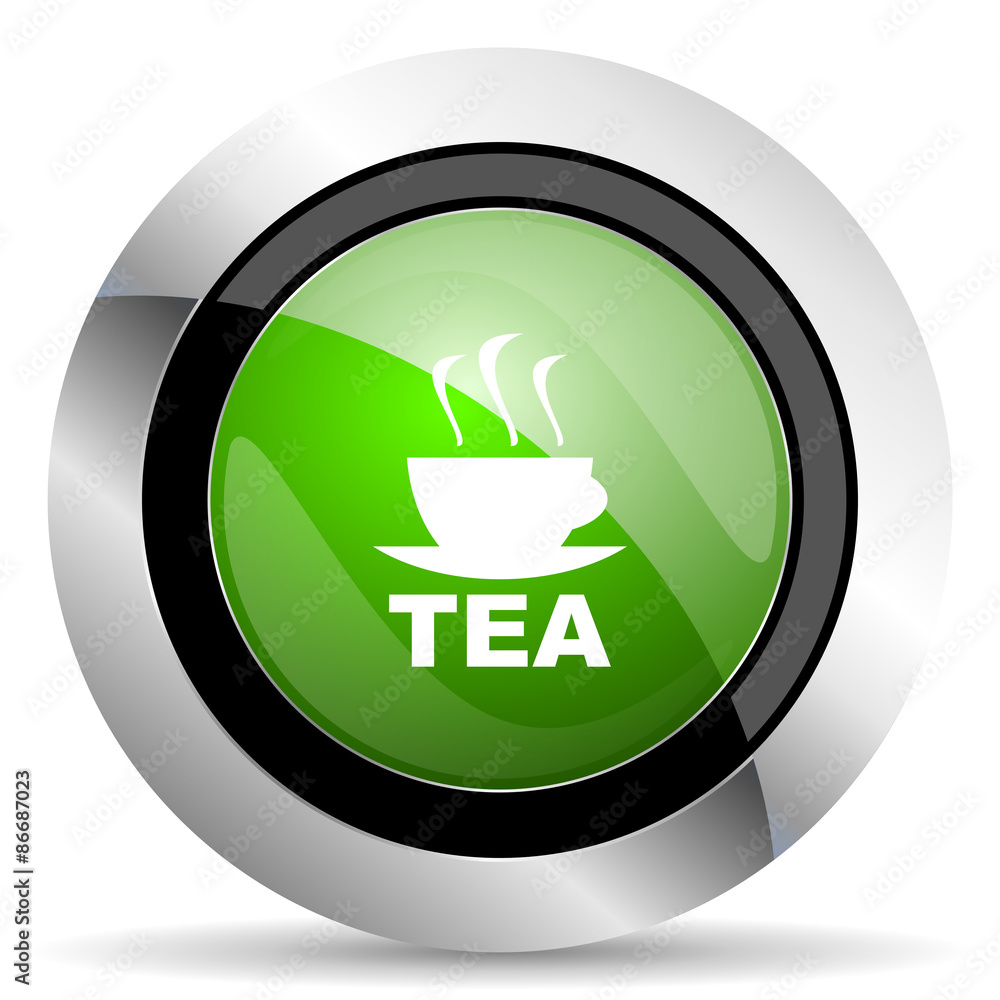 tea icon, green button, hot cup of tea sign tea icon, green button, hot cup of tea sign