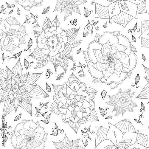 Hand drawn floral seamless pattern on white background.