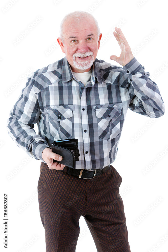 Old man portrait, shocked, surprised, speechless business senior mature man, worker, employee, holding empty wallet, isolated white background. Bankruptcy, financial difficulty. Human face expression. Old man portrait, shocked, surprised, speechless business senior mature man, worker, employee, holding empty wallet, isolated white background. Bankruptcy, financial difficulty. Human face expression.