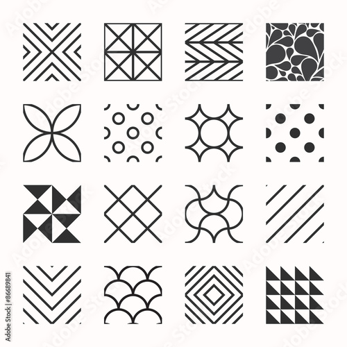 Set of geometric seamless patterns, triangles, lines, circles