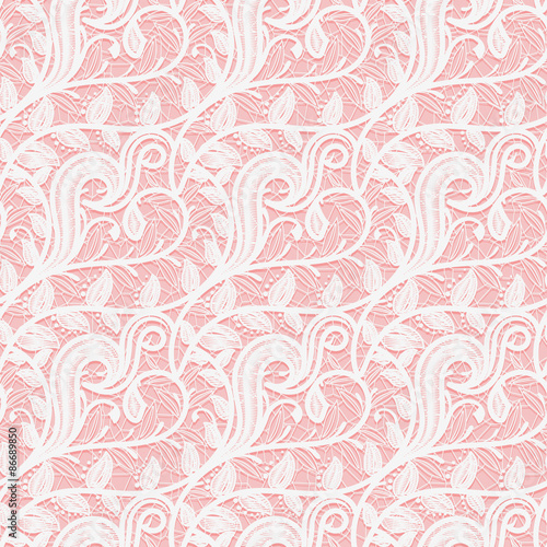 Seamless white lace fabric on a pink background. Subtle pattern of twigs and leaves.