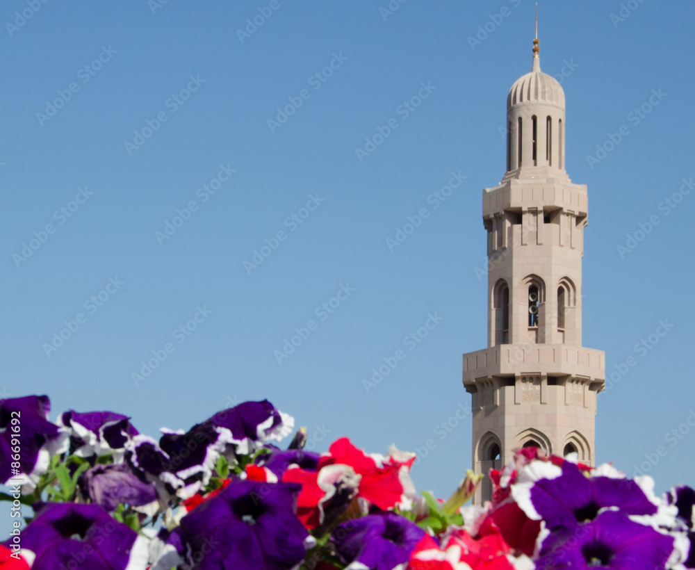 Flowers and Grand Mosque in Muscat Oman
