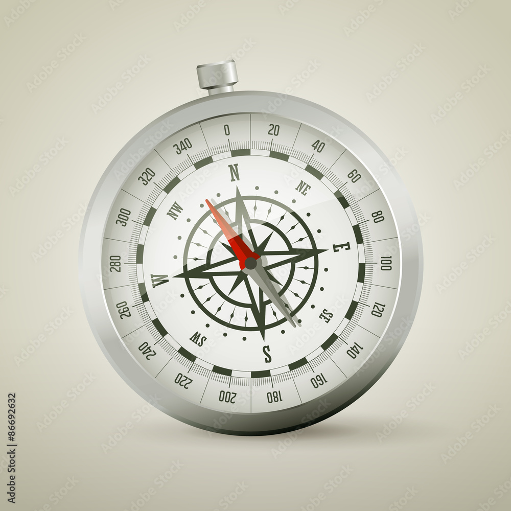 Vector illustration of a metal compass on light brown background. Vector illustration of a metal compass on light brown background.