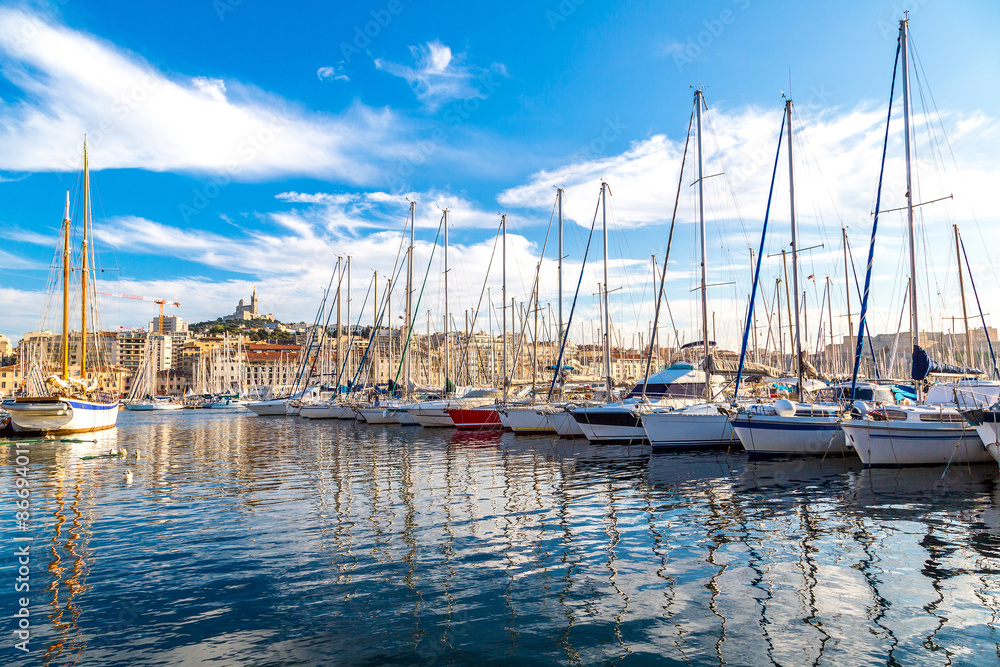 Notre Dame de la Garde and olf port in Marseille, France