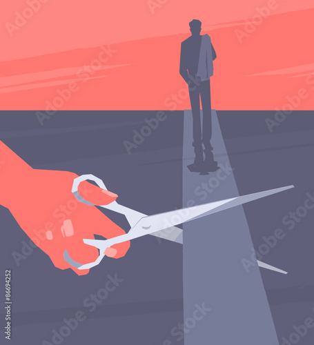 End of relationship.
The female hand using scissors cuts the road on which the man leaves.
Retro style illustration.