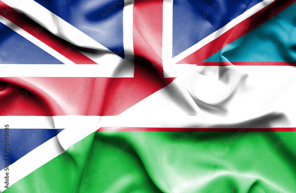 Waving flag of Uzbekistan and Great Britain Waving flag of Uzbekistan and Great Britain