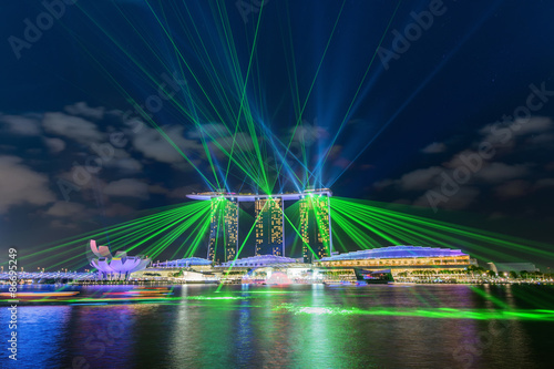SINGAPORE, SINGAPORE - JAN 29, 2015: Marina Bay Sands hotel at night on June 29, 2015 in Singapore. Wonderful laser show, the largest light and water spectacle in Southeast Asia