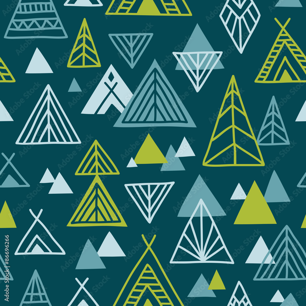 Cute hand-drawn seamless pattern in ethnic style. North American landscape abstract illustration. Vector background.